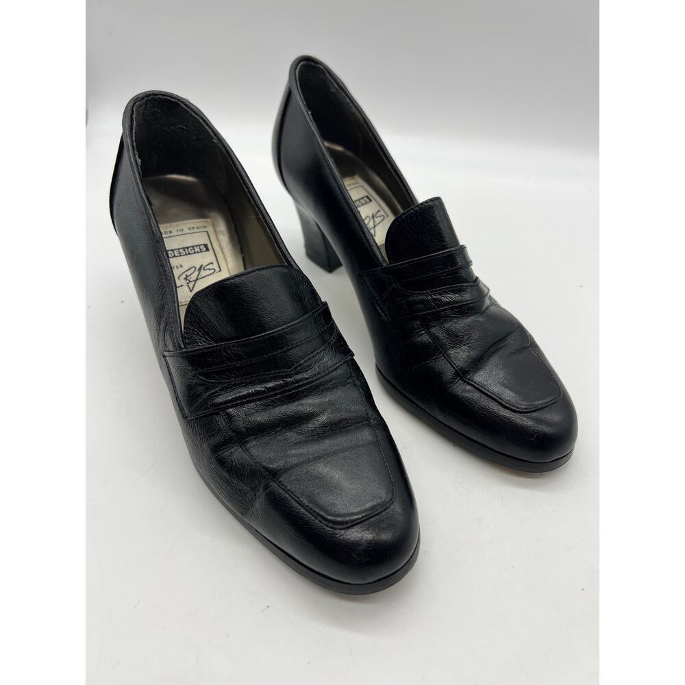 RJS‎ Spain Black Leather Loafer Heels 7M Vintage Block Heel Pumps